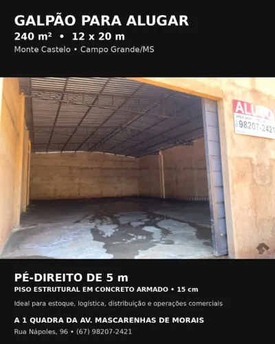 GALPÃO ALUGUEL MONTE CASTELO BARRACÃO 12X20 PROX MASCARENHAS CRECI 10.013