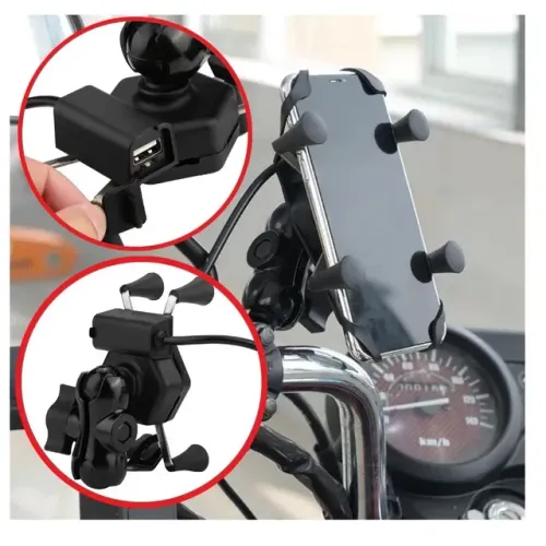 suporte de celular com carregador USB e garra metálica universal para moto