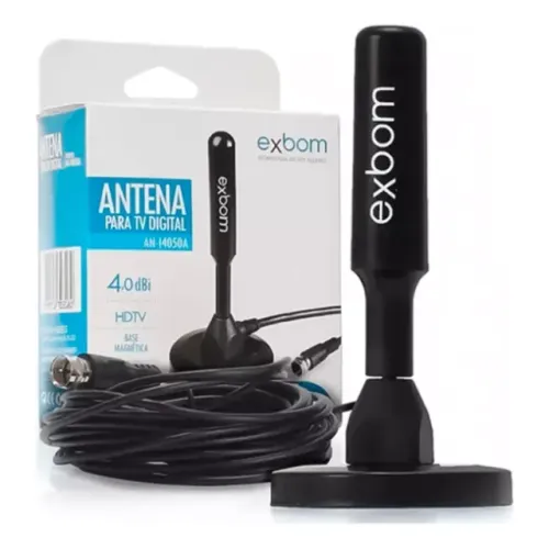 Antena Digital De Tv Interna E Externa Hd Amplificada HDTV/UHF/VHF 5 Metros Base Imã 4dBI