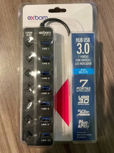 Hub USB 3.0 Com 7 Portas, Botões Individuais, LED
