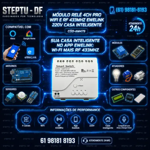 Módulo Relé 4ch Pro Wifi E Rf 433mhz Ewelink 220v Casa Inteligente Arduino COD-AM479