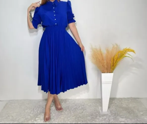 Vestido MIDI feminino plissado azul
