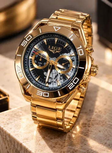 Relógio de Pulso Lige LG1853 Dourado Aço Inox Cronógrafo PROVA D'ÁGUA Novo