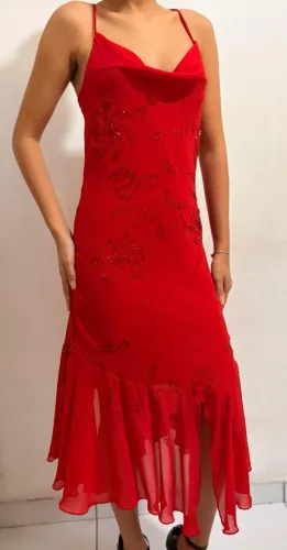 Vestido, Vintage, Vermelho, Midi, Com bordados florais em pedraria 