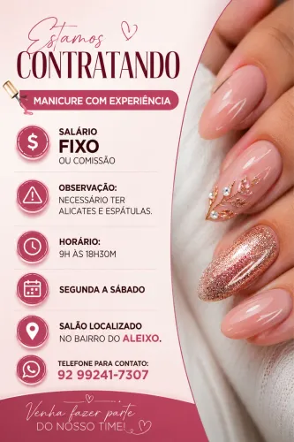 Vaga para manicure - Salário fixo ou comissão 