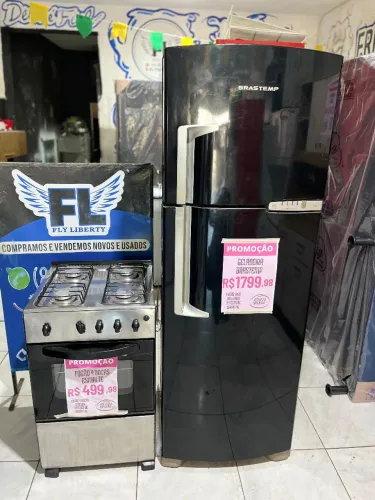 KIT GELADEIRA BRASTEMP CLEAR PRETA  FROST FREE 380 LITROS + FOGÃO 4 BOCAS MANUAL 