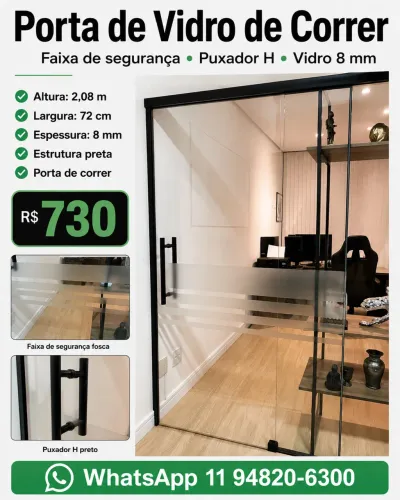 Porta de Vidro de Correr com Puxador H e Faixa de Segurança