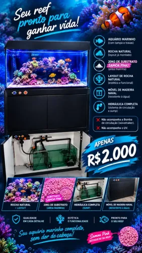 AQUARIO MARINHO + SUMP + HIDRÁULICA COMPLETA + SUBSTRATO + ROCHA