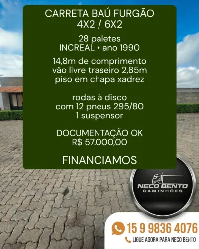 CARRETA BAÚ FURGÃO 4X2 / 6X2 - 28 PALETES 1990 14,80M RODAS A DISCO ? COM 12 PNEUS 295/80