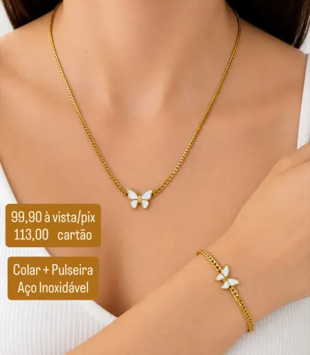 Colar com Pulseira Borboleta em Aço 