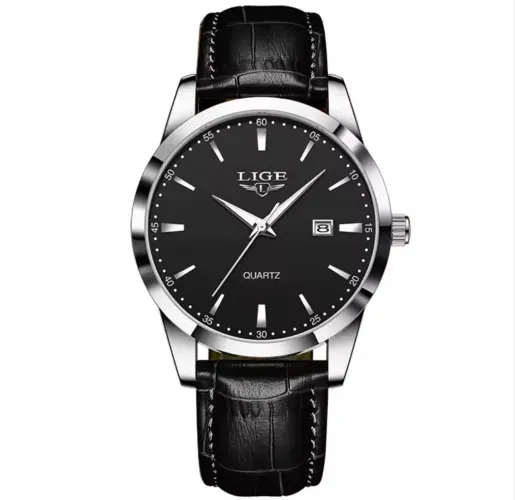 Relógio de Pulso LIGE 89143 Elegantíssimo Black Silver Bonito Com Pulseira de Couro Preta