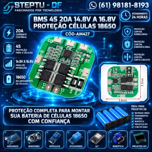BmsPlaca 4s 20a 14.8v a 16.8v Proteção Células 18650  Arduino Automação COD-AM427 