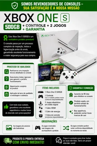 XBOX ONE S + CONTROLE + 2 JOGOS