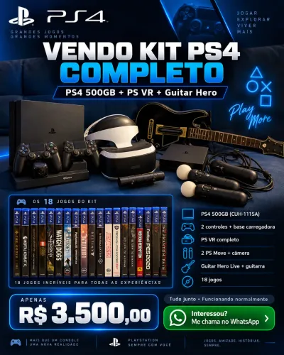 PS4 500GB + PS VR + Guitar Hero + 2 Controles + 18 Jogos