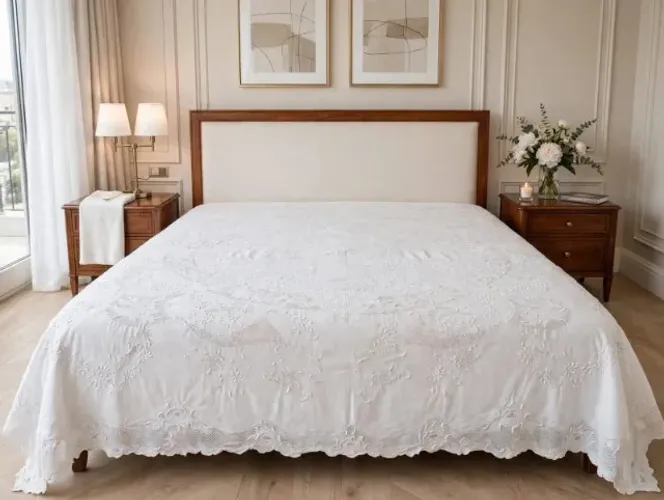 Colcha de Cama Casal Richelieu Luxo Branca Bordado Vazado