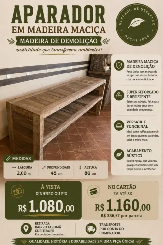 APARADOR EM MADEIRA MACIÇA DE DEMOLIÇÃO - ROBUSTEZ E ESTILO PARA O SEU AMBIENTE
