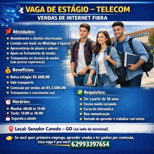  VAGA DE ESTÁGIO - TELECOM (VENDAS DE INTERNET FIBRA)