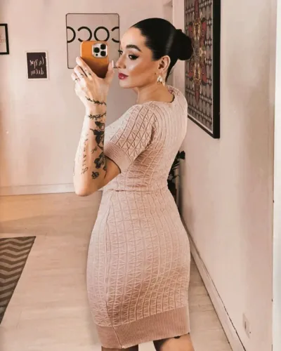 Vestido Bege Feminino Tricô Justo Texturizado serve do P ao M
