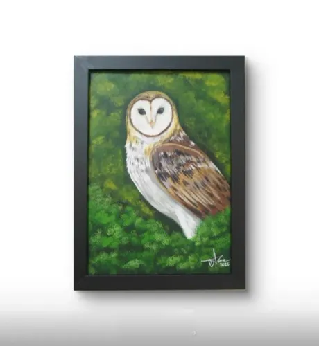 Quadro pintura em MDF - A coruja, 30x21cm com moldura