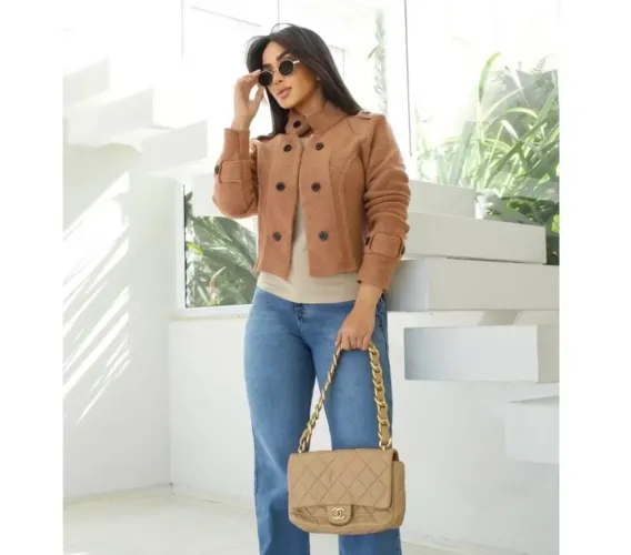 Casaqueto Tricot Premium Cropped Liso Inverno Casaco Lã Luxo