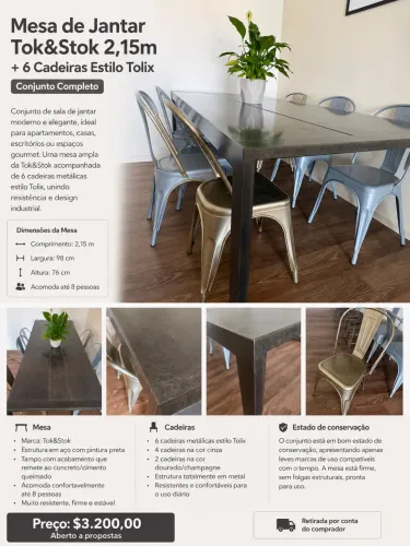 Mesa de Jantar Tok&Stok 2,15m + 6 Cadeiras Estilo Tolix | Conjunto Completo