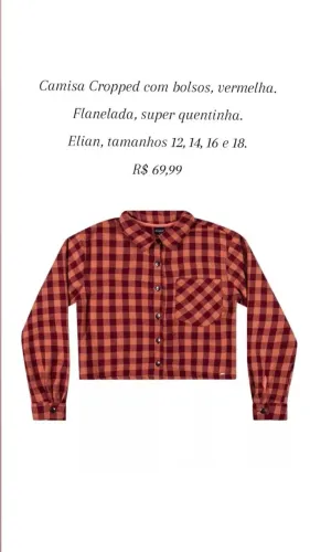 Camisa Cropped Com Bolsos Vermelha Flanelada. Elian NOVA ORIGINAL Tamanhos: 12, 14, 16, 18