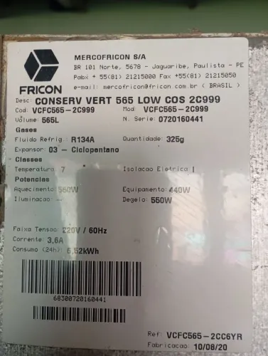 freezer cerveijeiro 565L 220 temperatura 0°,-4°,-6 fricon°