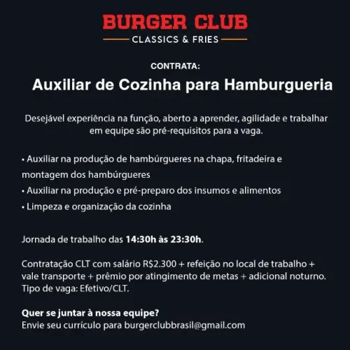 Auxiliar de Cozinha para Hamburgueria