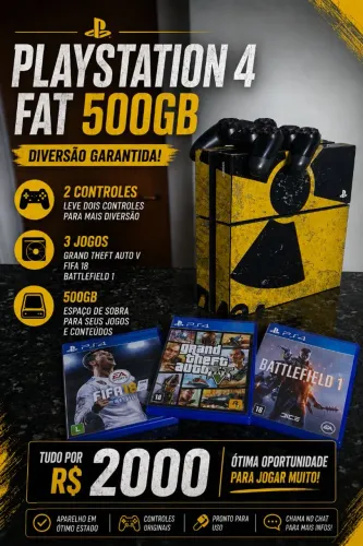 PS4 Fat 500GB + 2 Controles + 3 Jogos