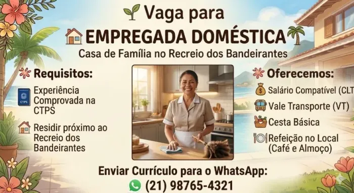 EMPREGADA DOMÉSTICA, CASA DE FAMÍILIA NO RECREIO DOS BANDEIRANTES