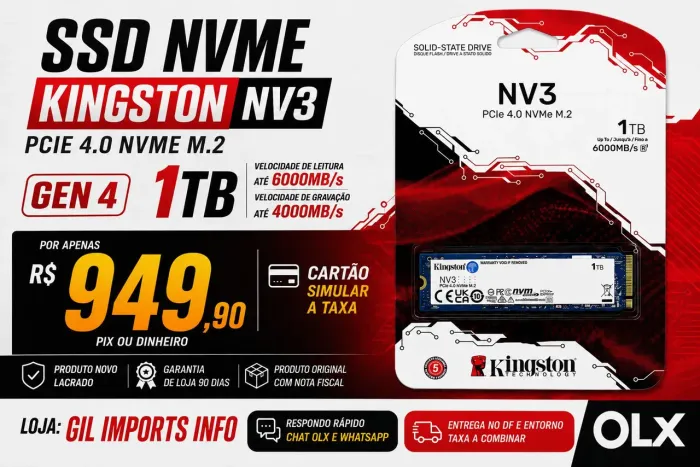 SSD Kingston NV3 1TB PCIe 4.0 GEN4 - Novo Lacrado