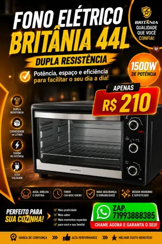 Forno Elétrico Britânia 44L Preto Dupla Resistência 1500W BFE44P 127V
