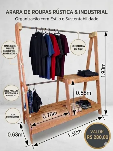 Arara rústica para roupas.