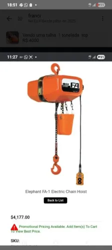 Vendo uma talha elétrica 1 tonelada FA