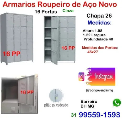 16 Portas Armario de Aço Roupeiro Novo Vestiário Clube Guarda Volume Comercio escaninho