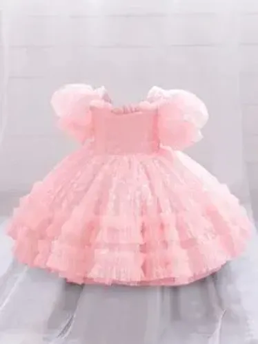 Vestido de Babado com Estampa de Borboleta em Tule e Cetim para Menina, Vestido de Dama