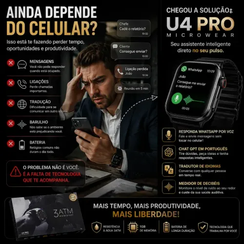 Smartwatch U4 Pro Responde Whattsap pelo relógio e Fone Bluetooh GRÁTIS
