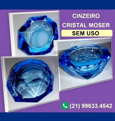 Cinzeiro antigo, cristal Moser lapidado-azul-octogonal