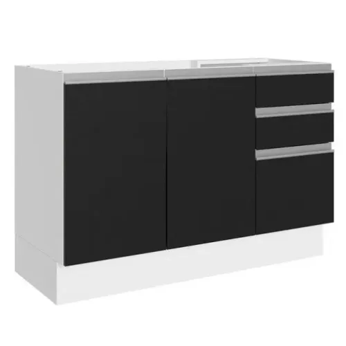Balcão Gabinete de Pia 100% MDF 120 cm 3 Portas 2 Gavetas Branco/Preto MV Decor