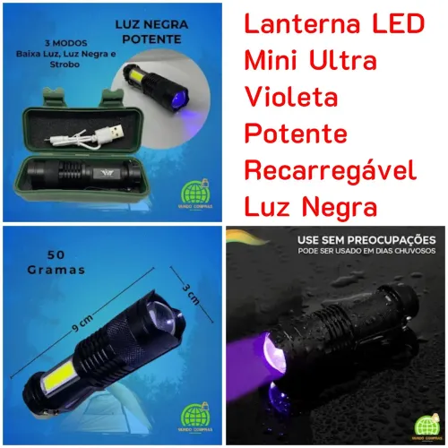 Lanterna LED Mini Ultra Violeta Potente Recarregável Luz Negra