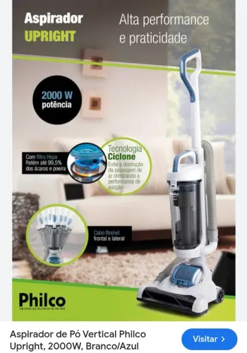 Aspirador de Pó Vertical Philco Upright 2000W Branco/Azul