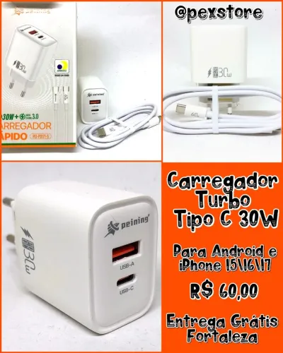 Carregador Turbo 30w iPhone e Android com Cabo Tipo C e Entrega Grátis