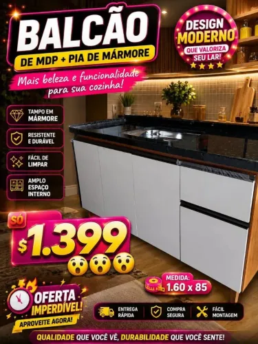 Pia de mármore com gabinete 1 metro e 60