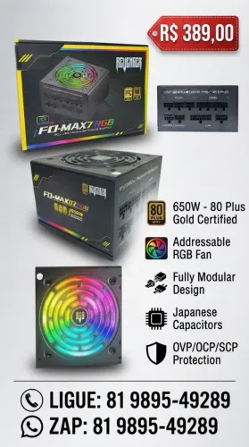 Fonte ATX Modular Revenger FO-MAX07RGB de 650W com certificação 80 Plus Gold