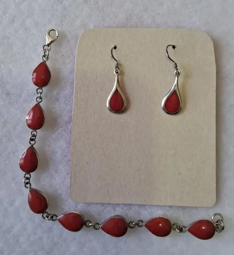 Conjunto de pulseira e brincos de coral original de turquia prata 925