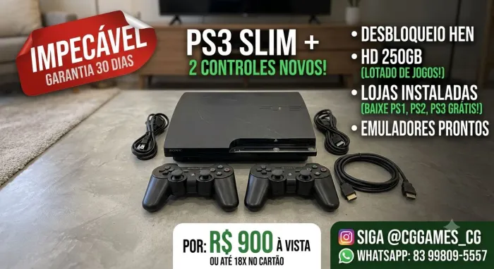 ? PS3 SLIM DESBLOQUEADO (HEN) + HD 250GB - PRONTO PRA JOGAR! ?