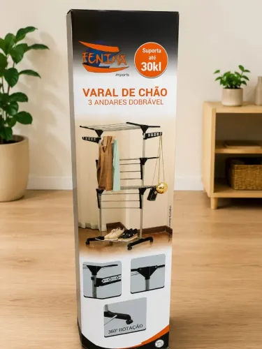 Varal De Chão 3 Andares Grande de Roupas Dobrável Regulável Retrátil com Rodinhas e Gancho