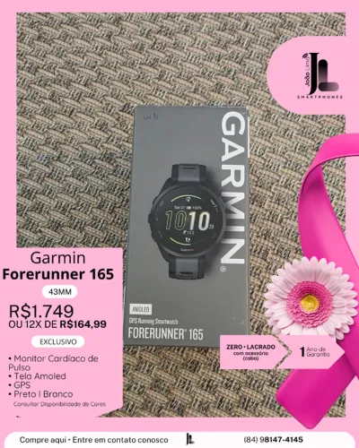 RELÓGIO GARMIN FORERUNNER 165, 43MM, LACRADO, EXCLUSIVO!