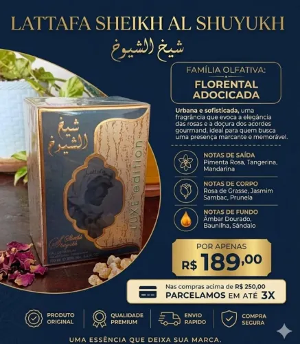 Perfume unissex Árabe original Sheikh al Shuyukh Luxe Edition da Lattafa.