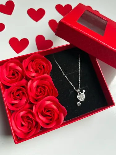 Kit Presente Dia dos Namorados/Colar+Caixa com flor artificiais/Colar em aço inox